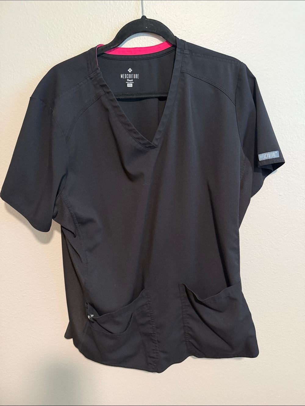 Med Couture Scrubs Black V-Neck and Jogger Bottoms Medical Top with Pink Trim